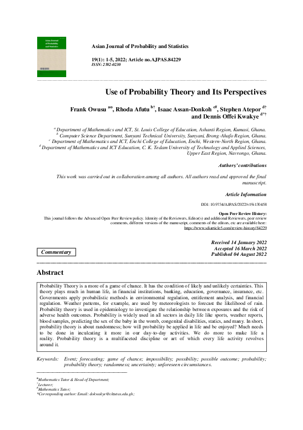 (PDF) Use of Probability Theory and Its Perspectives