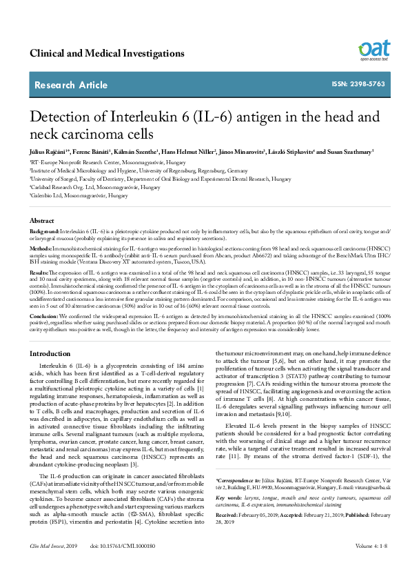 (PDF) Detection of Interleukin 6 (IL-6) antigen in the head and neck ...