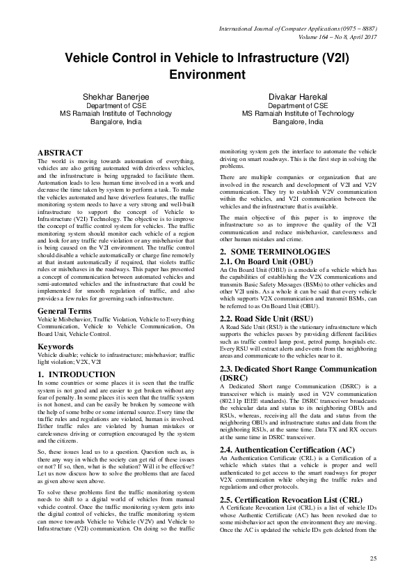 (PDF) Vehicle Control in Vehicle to Infrastructure (V2I) Environment ...