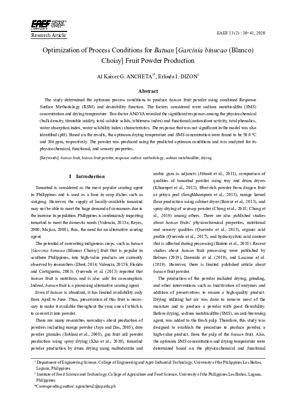 (PDF) Optimization of Process Conditions for Batuan [Garcinia binucao ...
