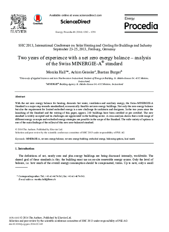 (PDF) Two Years of Experience with a Net Zero Energy Balance Analysis of the Swiss MINERGIEA