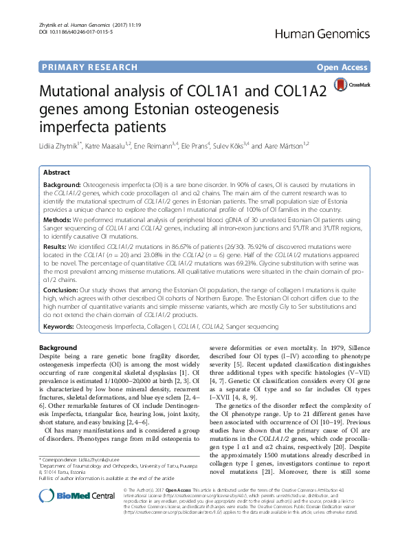 (PDF) Mutational analysis of COL1A1 and COL1A2 genes among Estonian ...