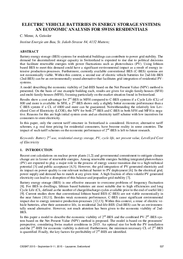 (PDF) Electric vehicle batteries in energy storage systems an economic