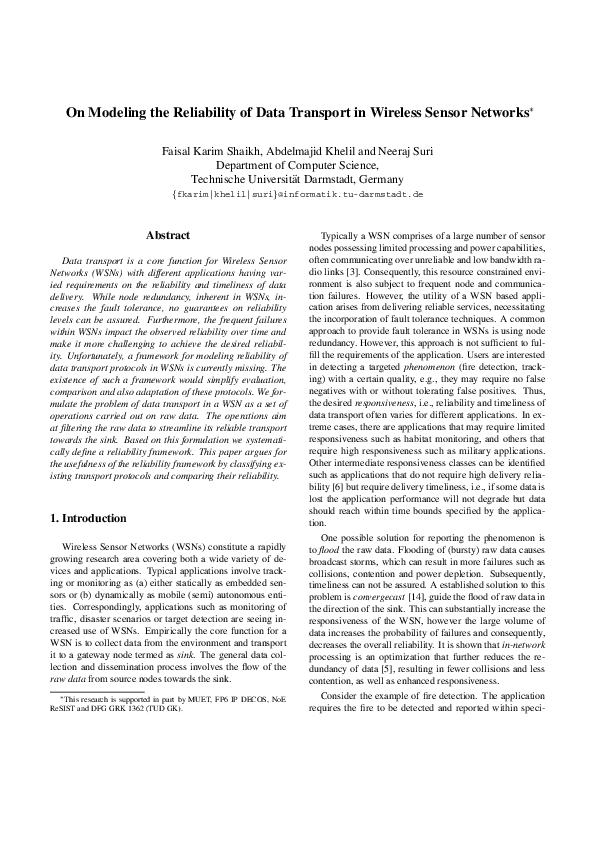 (PDF) On Modeling the Reliability of Data Transport in Wireless Sensor ...