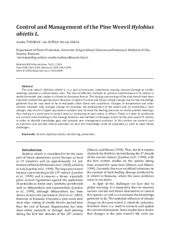 (PDF) Control and Management of the Pine Weevil Hylobius abietis L