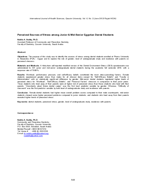 (PDF) Perceived Sources of Stress among Junior and Mid-Senior Egyptian ...