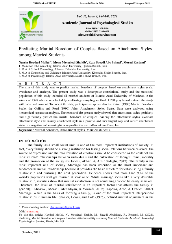 (PDF) Predicting Marital Boredom of Couples Based on Attachment Styles ...