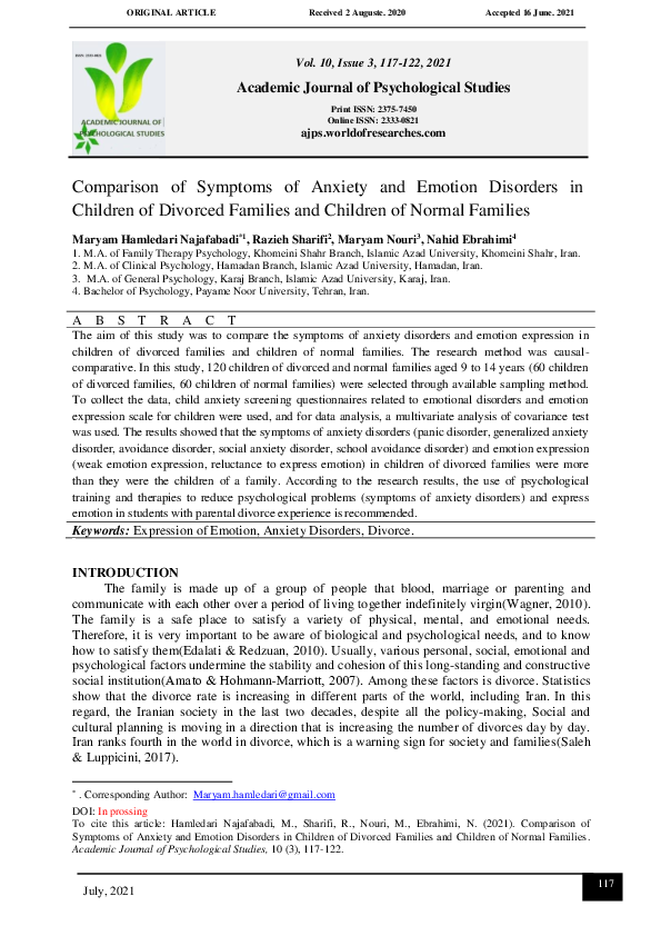 (PDF) Comparison of Symptoms of Anxiety and Emotion Disorders in ...