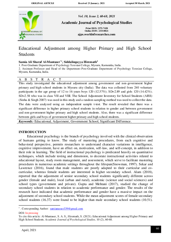 (PDF) Educational Adjustment among Higher Primary and High School