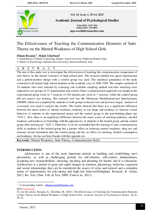 (PDF) The Effectiveness of Teaching the Communication Elements of Satir ...