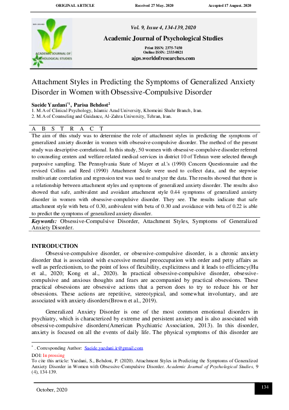 (PDF) Attachment Styles in Predicting the Symptoms of Generalized ...