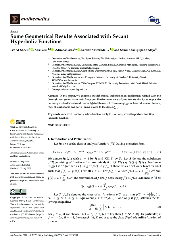 (PDF) Some Geometrical Results Associated with Secant Hyperbolic Functions