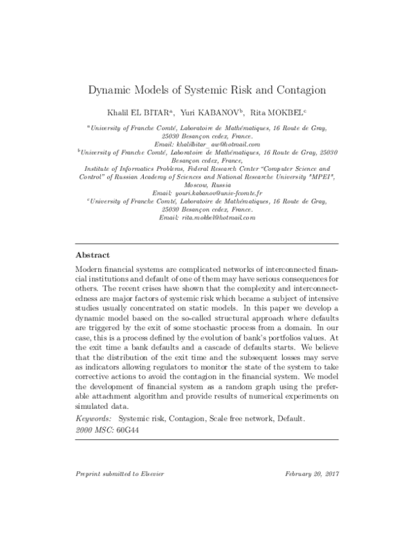 (PDF) Dynamic Models of Systemic Risk and Contagion