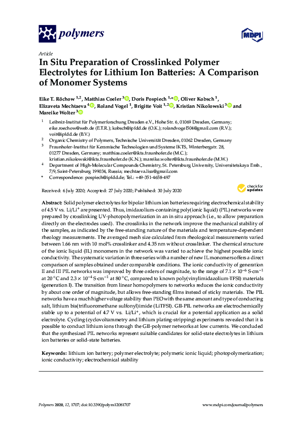 (PDF) In situ preparation of crosslinked polymer electrolytes for ...