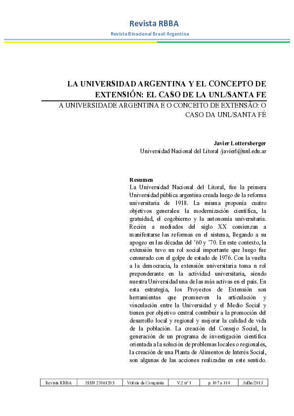 (PDF) La Universidad Argentina y el Concepto de Extensión el Caso de