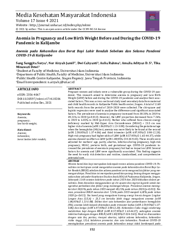 (PDF) Anemia in Pregnancy and Low Birth Weight Before and During the ...