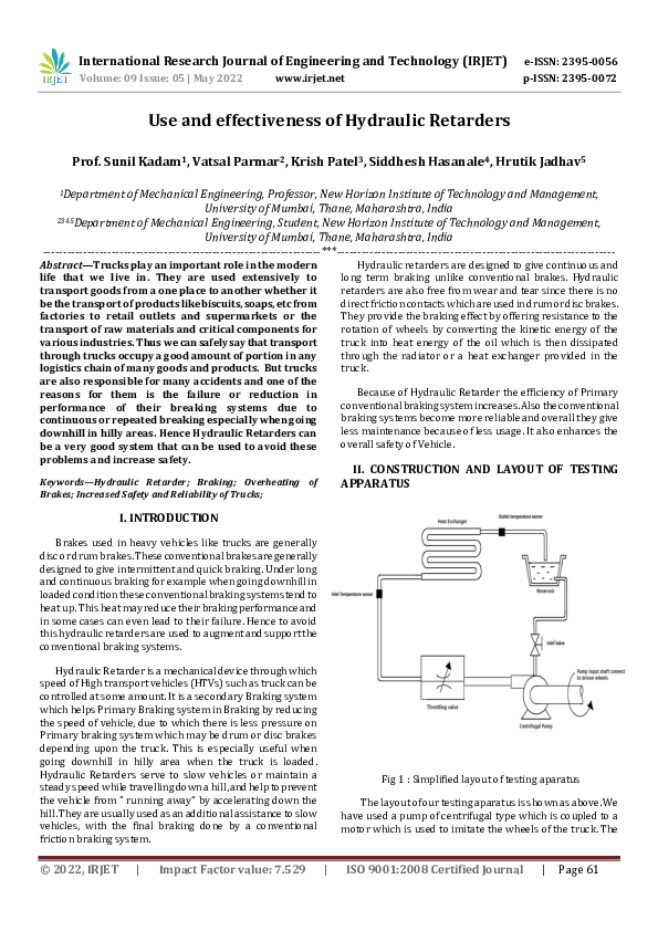 (PDF) Use and effectiveness of Hydraulic Retarders IRJET Journal