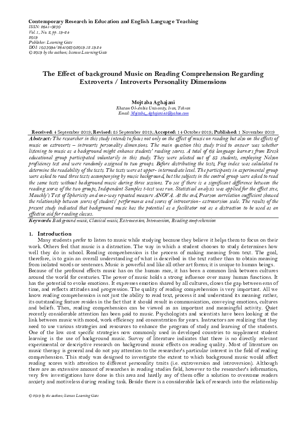 (PDF) The Effect of background Music on Reading Comprehension Regarding ...