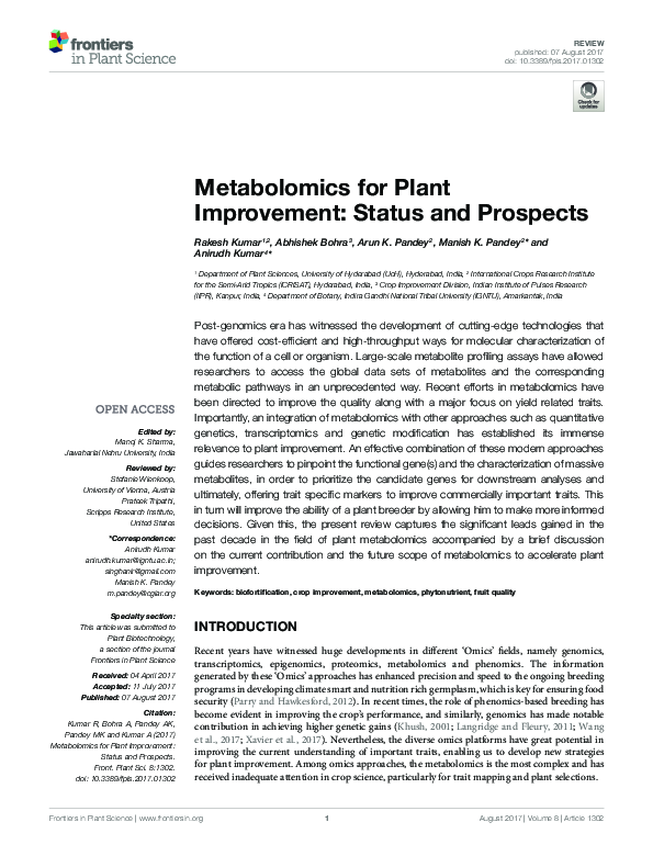 (PDF) Metabolomics for Plant Improvement: Status and Prospects