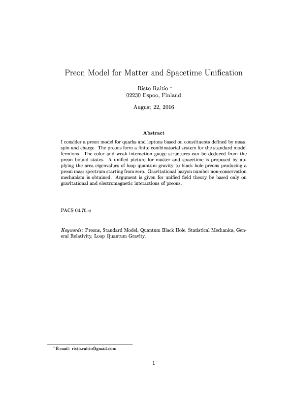 (PDF) Preon Model for Matter and Spacetime Uni cation