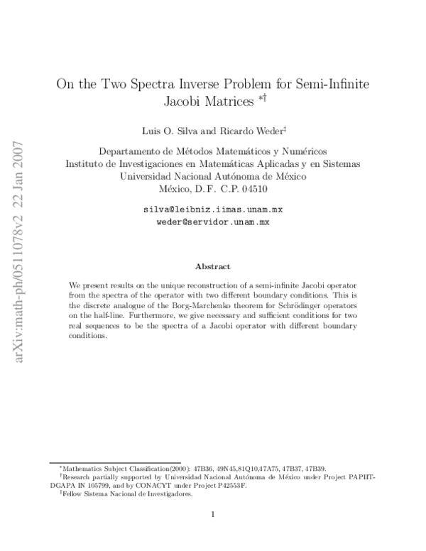 (PDF) On the Two Spectra Inverse Problem for Semi-infinite Jacobi ...
