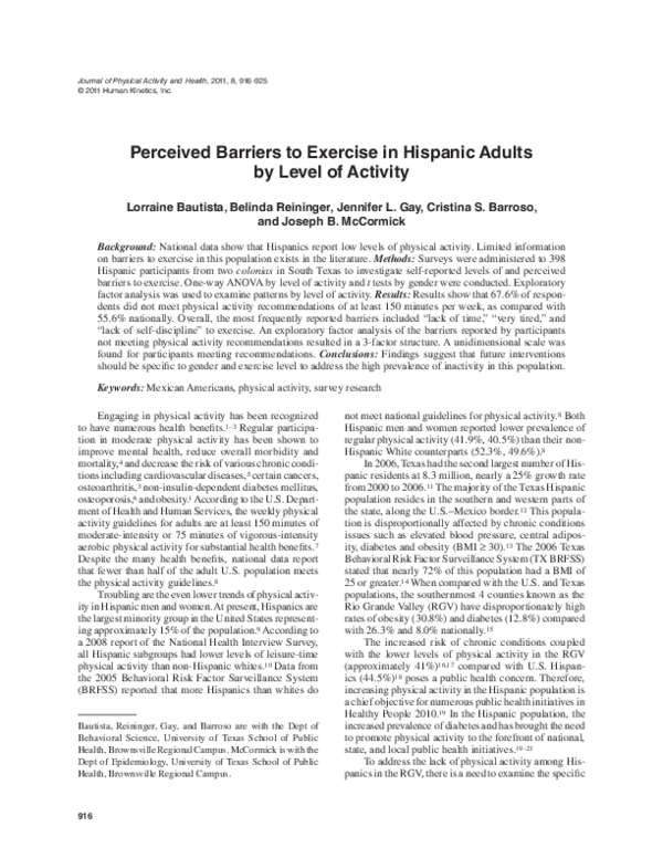 (PDF) Perceived Barriers to Exercise in Hispanic Adults by Level of ...