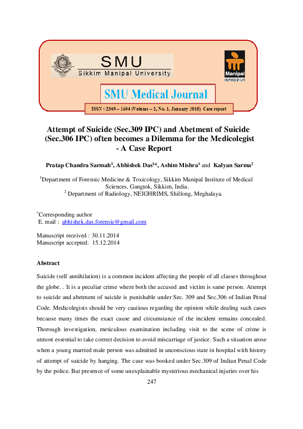 (PDF) Attempt of Suicide (sec.309 IPC) and Abetment of Suicide (sec.306 ...