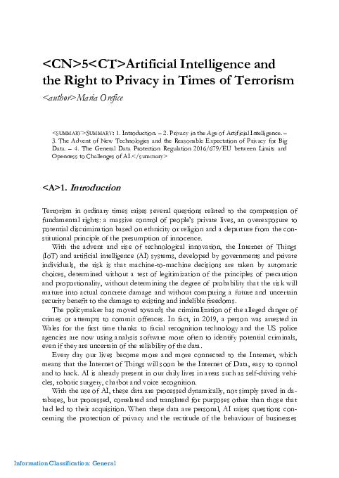 (PDF) General Artificial Intelligence and the Right to Privacy in Times ...