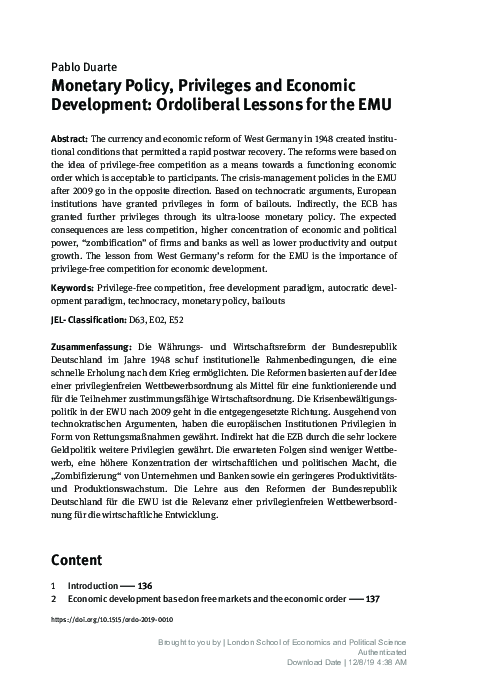 (PDF) Monetary Policy, Privileges and Economic Development: Ordoliberal ...