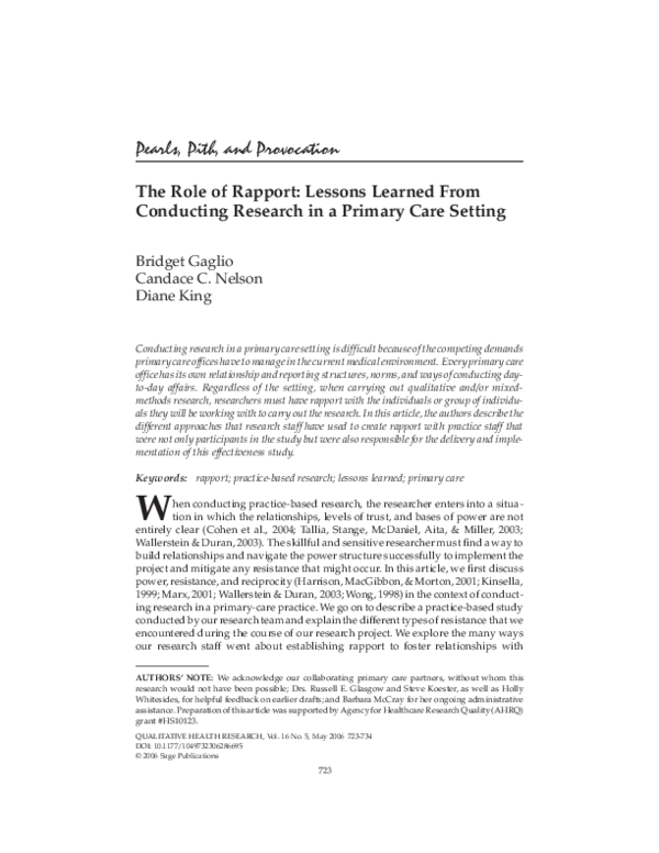 (PDF) The Role of Rapport: Lessons Learned From Conducting Research in ...