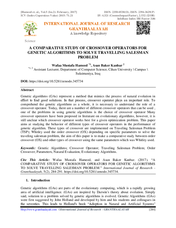(PDF) A COMPARATIVE STUDY OF CROSSOVER OPERATORS FOR GENETIC ALGORITHMS ...