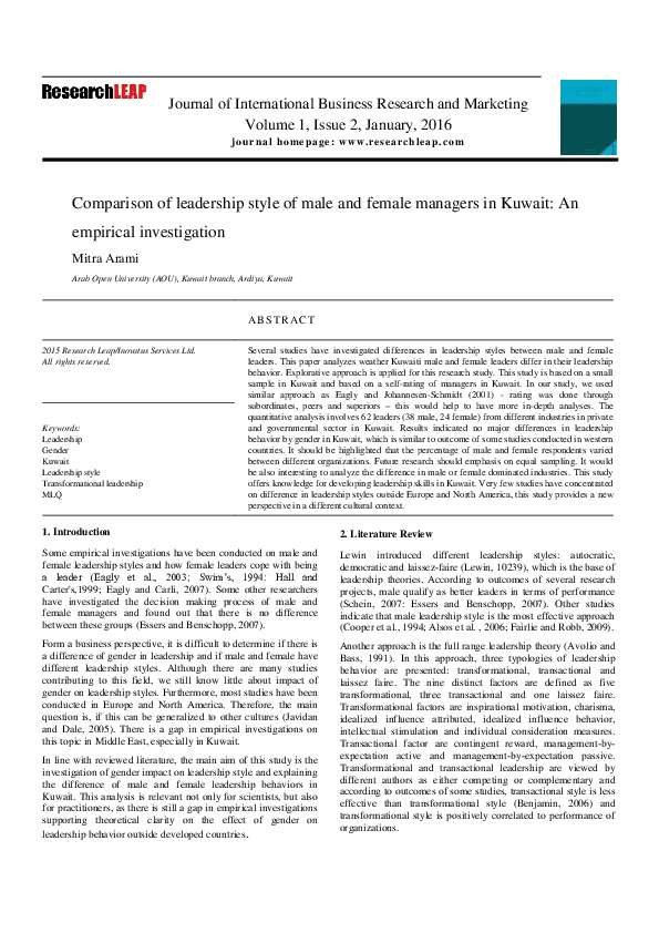 (PDF) Comparison of leadership style of male and female managers in ...
