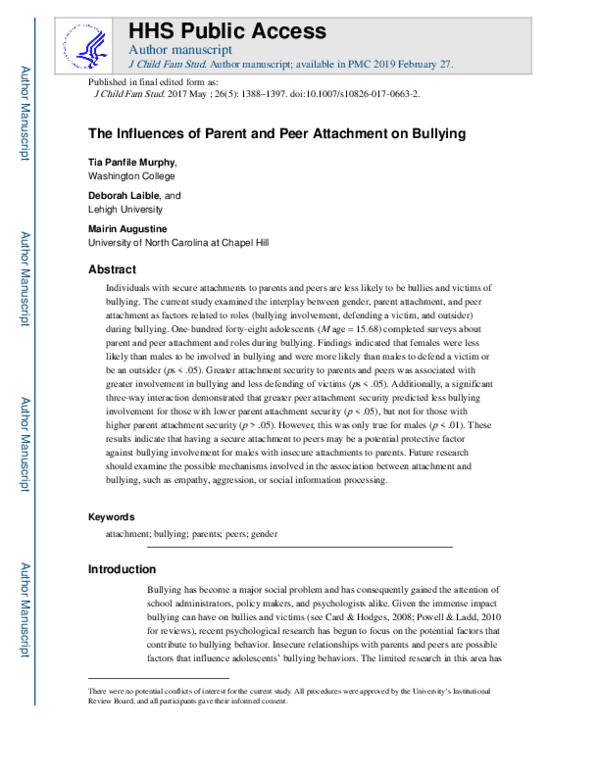 (PDF) The Influences of Parent and Peer Attachment on Bullying