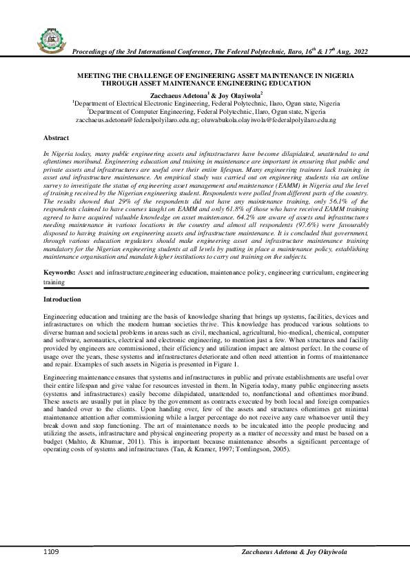 (PDF) Meeting the Challenge of Engineering Asset Maintenance in Nigeria ...