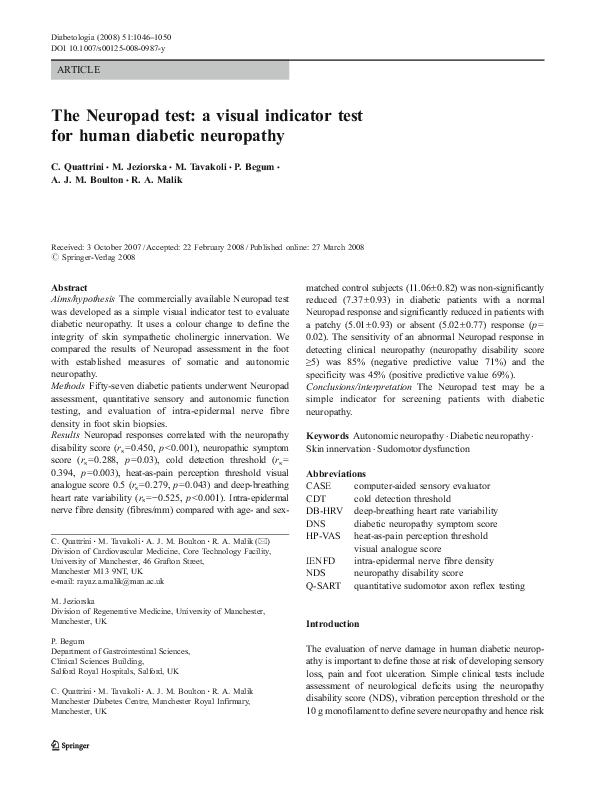 (PDF) The Neuropad test a visual indicator test for human diabetic