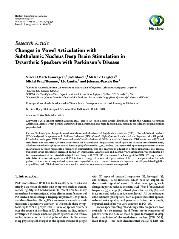 (PDF) Changes in Vowel Articulation with Subthalamic Nucleus Deep Brain ...