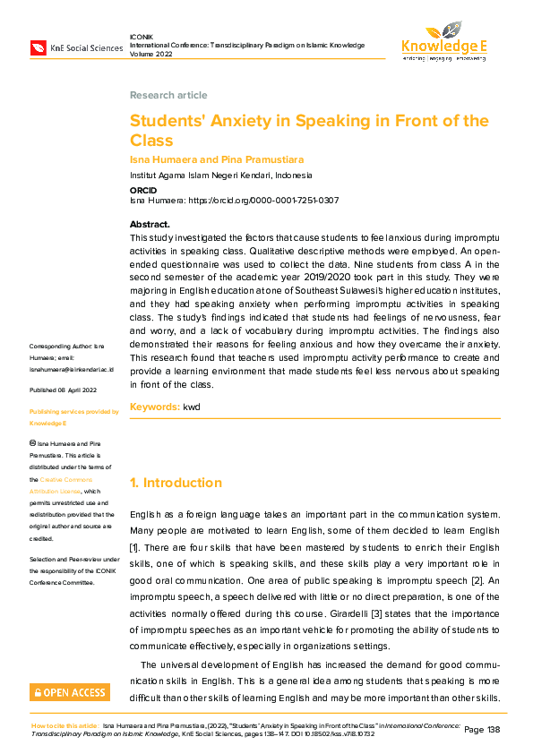 (PDF) Students' Anxiety in Speaking in Front of the Class