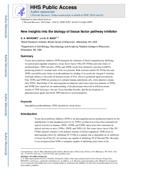 (PDF) New insights into the biology of tissue factor pathway inhibitor