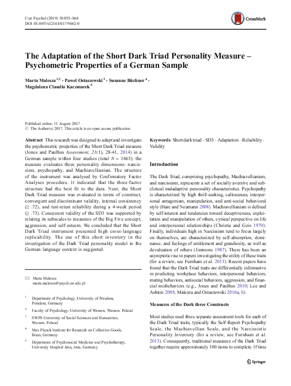 (PDF) The Adaptation of the Short Dark Triad Personality Measure ...