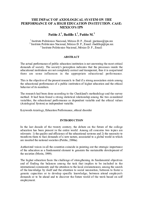 (PDF) The impact of axiological system on the performance of a High ...