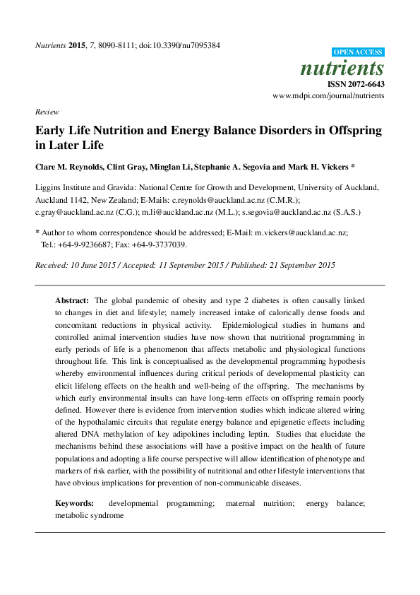 (PDF) Review Early Life Nutrition and Energy Balance Disorders in Offspring in Later Life Mark