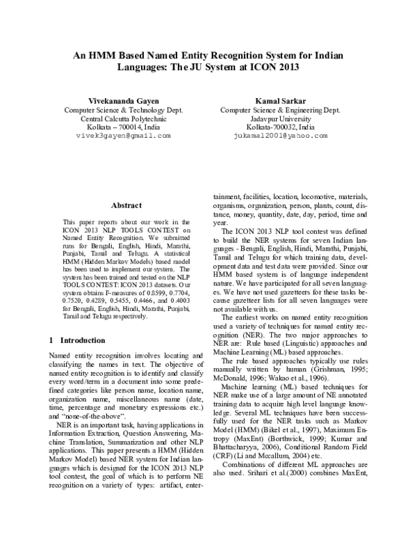 (PDF) An HMM Based Named Entity Recognition System for Indian Languages ...