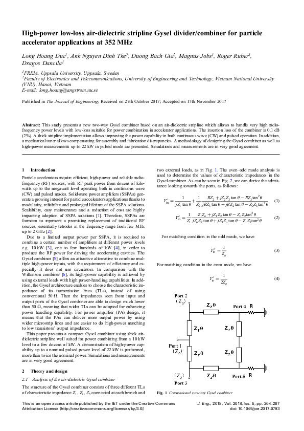 (PDF) Highpower lowloss airdielectric stripline Gysel divider
