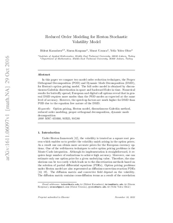 (PDF) Reduced Order Modeling for Heston Stochastic Volatility Model