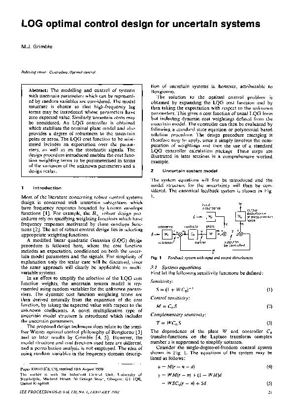 (PDF) LOG optimal control design for uncertain systems