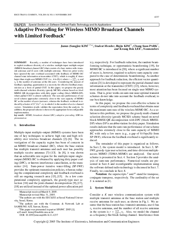 (PDF) Adaptive Precoding for Wireless MIMO Broadcast Channels with ...