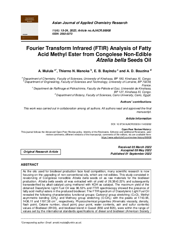 (PDF) Fourier Transform Infrared (FTIR) Analysis of Fatty Acid Methyl