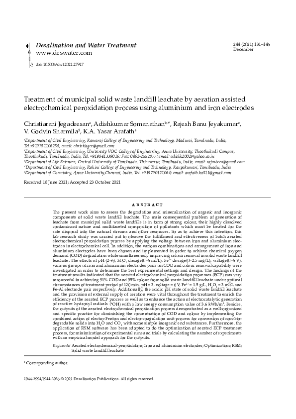 (PDF) Treatment of municipal solid waste landfill leachate by aeration ...
