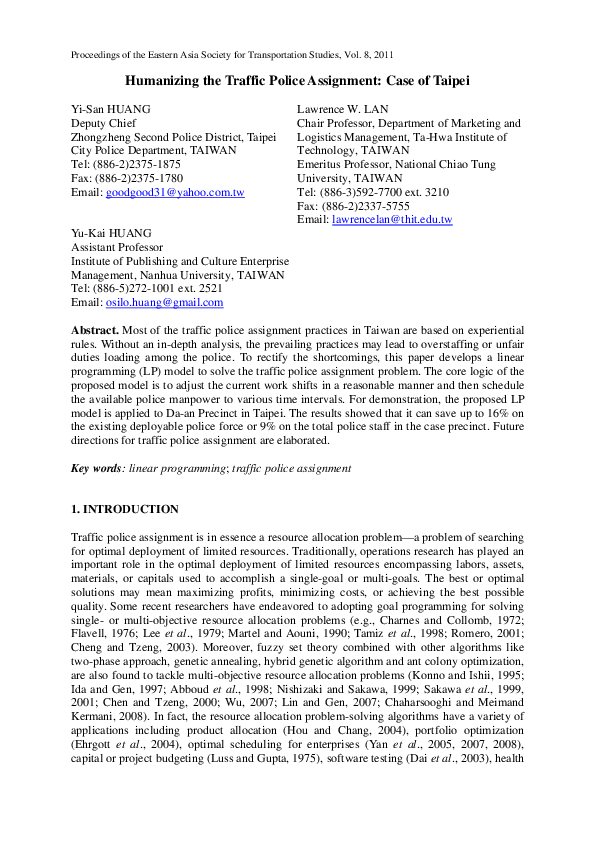 (PDF) Humanizing the Traffic Police Assignment: Case of Taipei