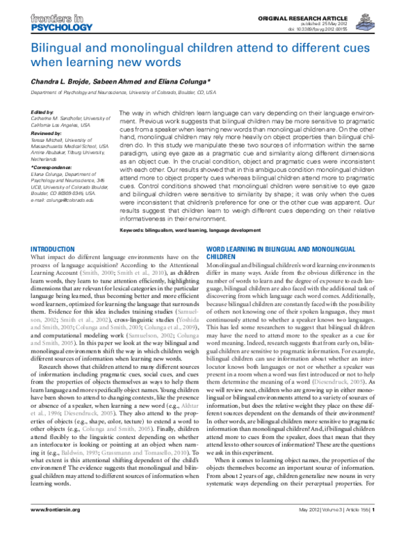 (PDF) Bilingual and Monolingual Children Attend to Different Cues When ...